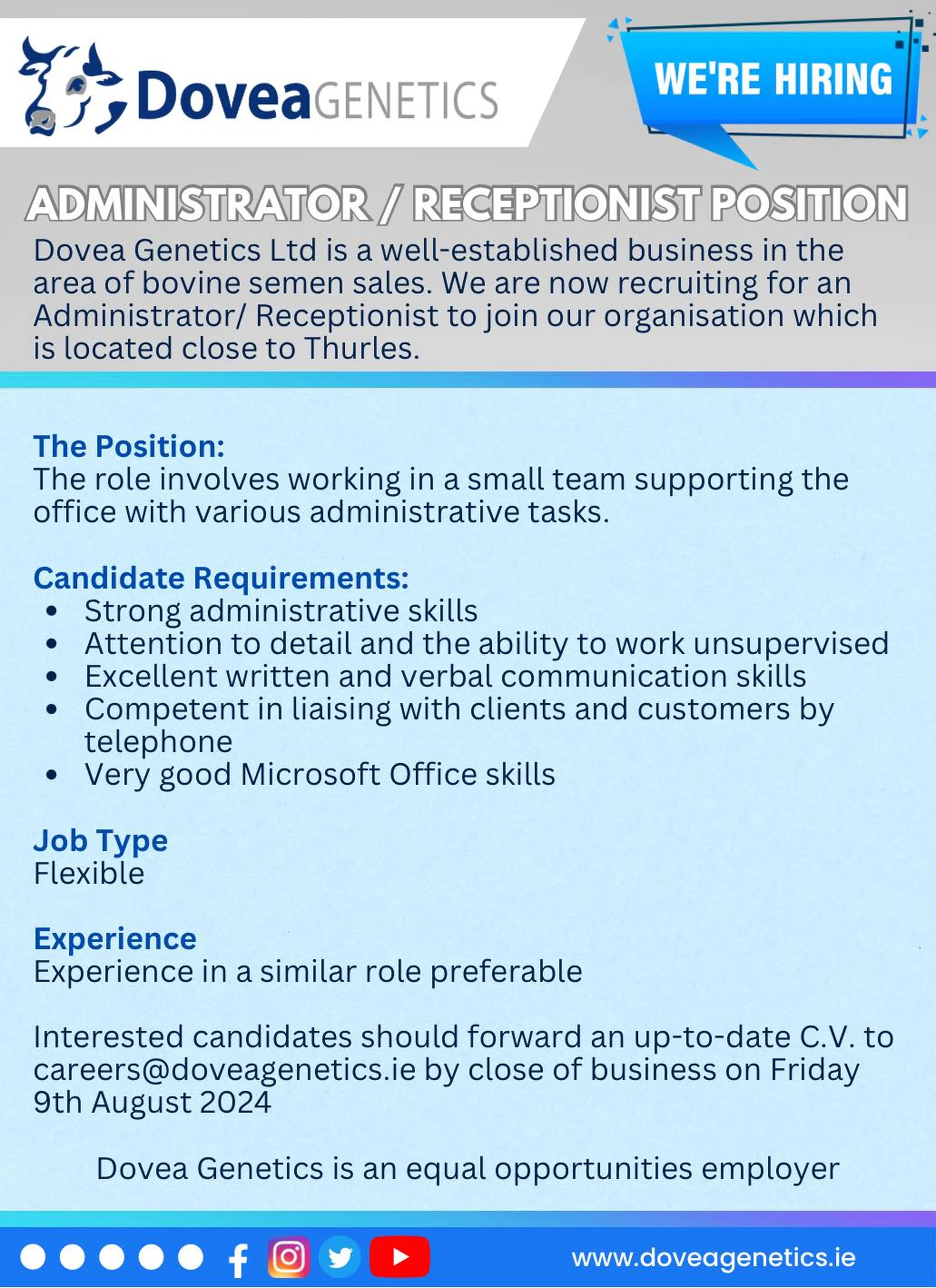WE'RE HIRING! We are currently recruiting for a Receptionist/ Administrator 
